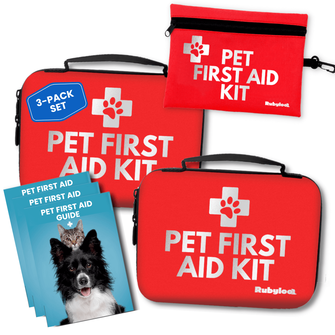 Pet First Aid Kit for Dogs Vet Approved Essentials 3-pack set with large case, small case, pouch, and pet first aid guides.