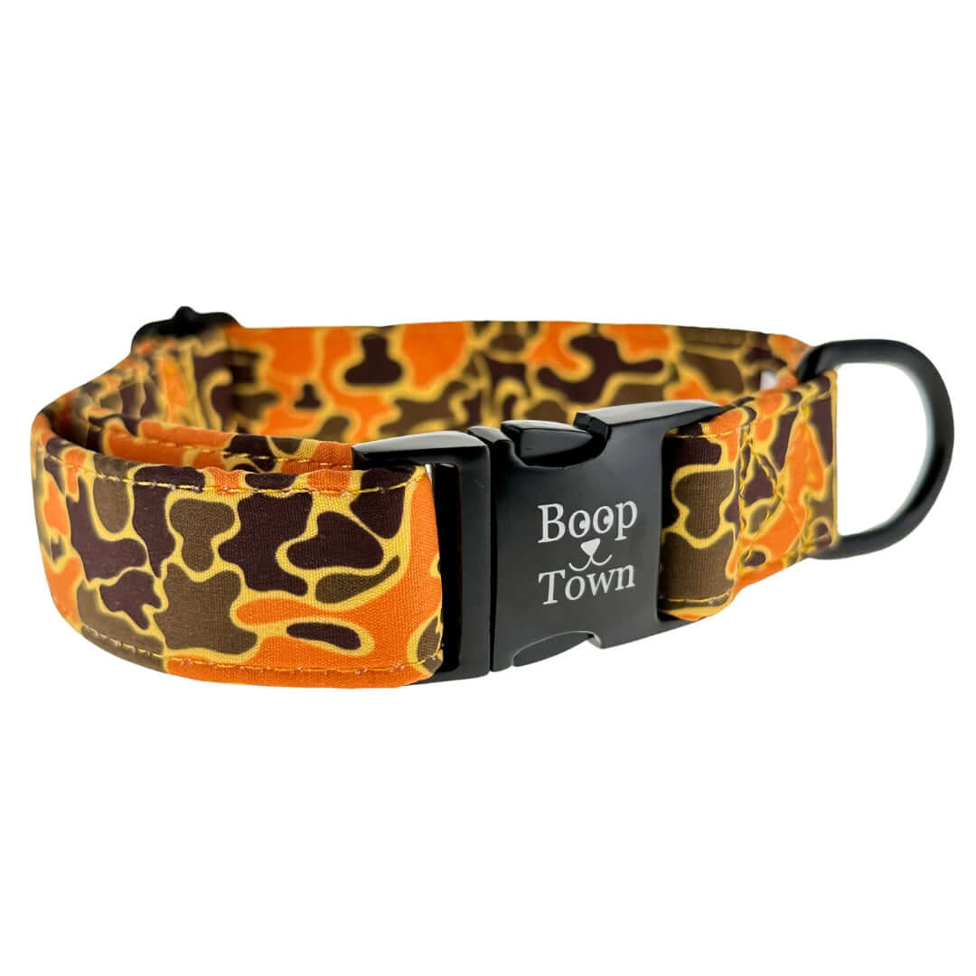 Boop Town Durable Soft Comfortable Cotton Dog Collars in orange and brown camouflage design