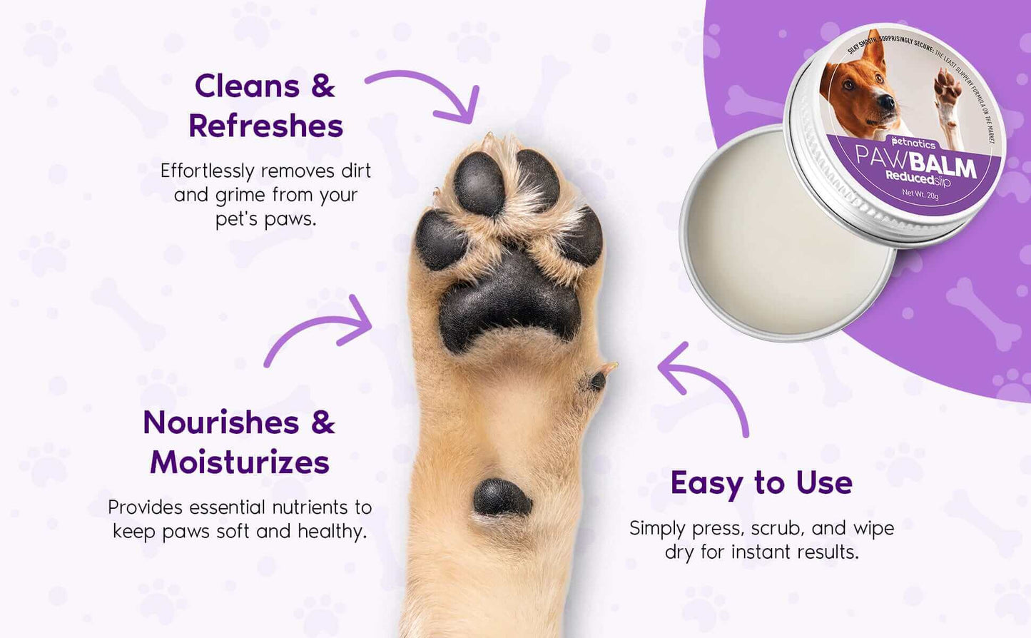 PawBalm Reduced Slip Dog Paw Balm with dog paw showing benefits of cleaning, nourishing, and easy application.