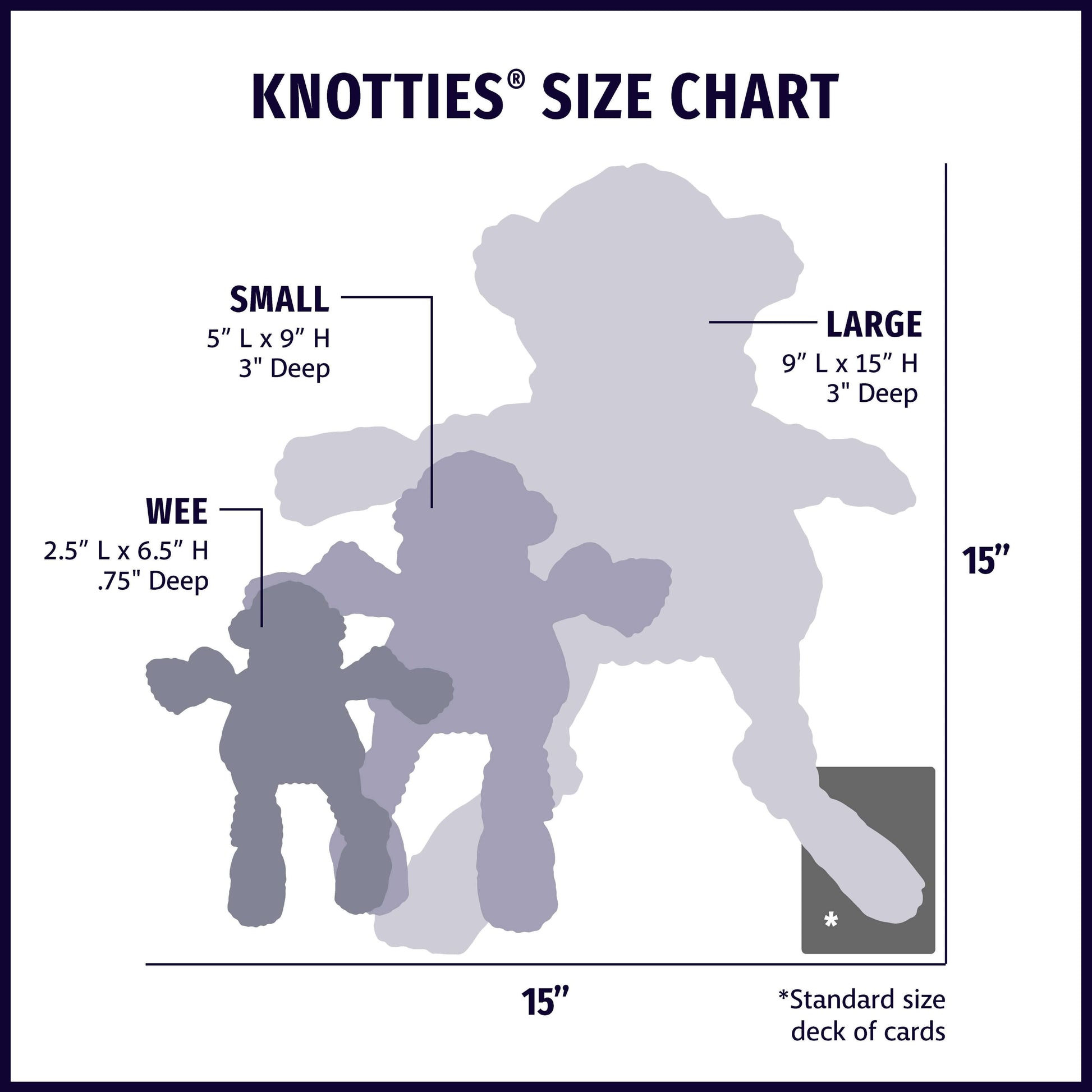 Dottie Cow Knottie Plush Dog Toy Knotties size chart showing dimensions for small, large, and wee plush dog toys.
