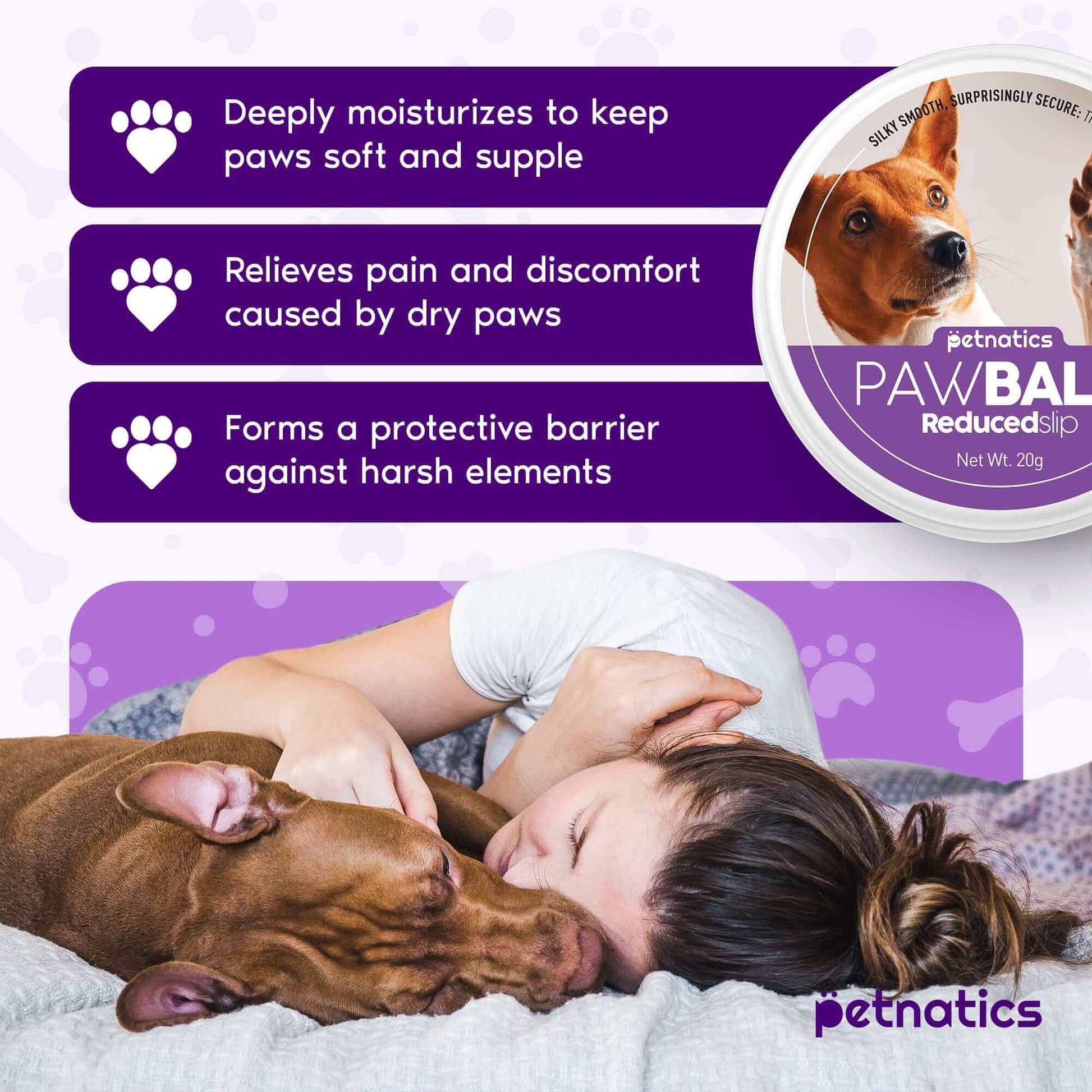 PawBalm Reduced Slip Dog Paw Balm by Petnatics, moisturizing and protecting dog paws for comfort.
