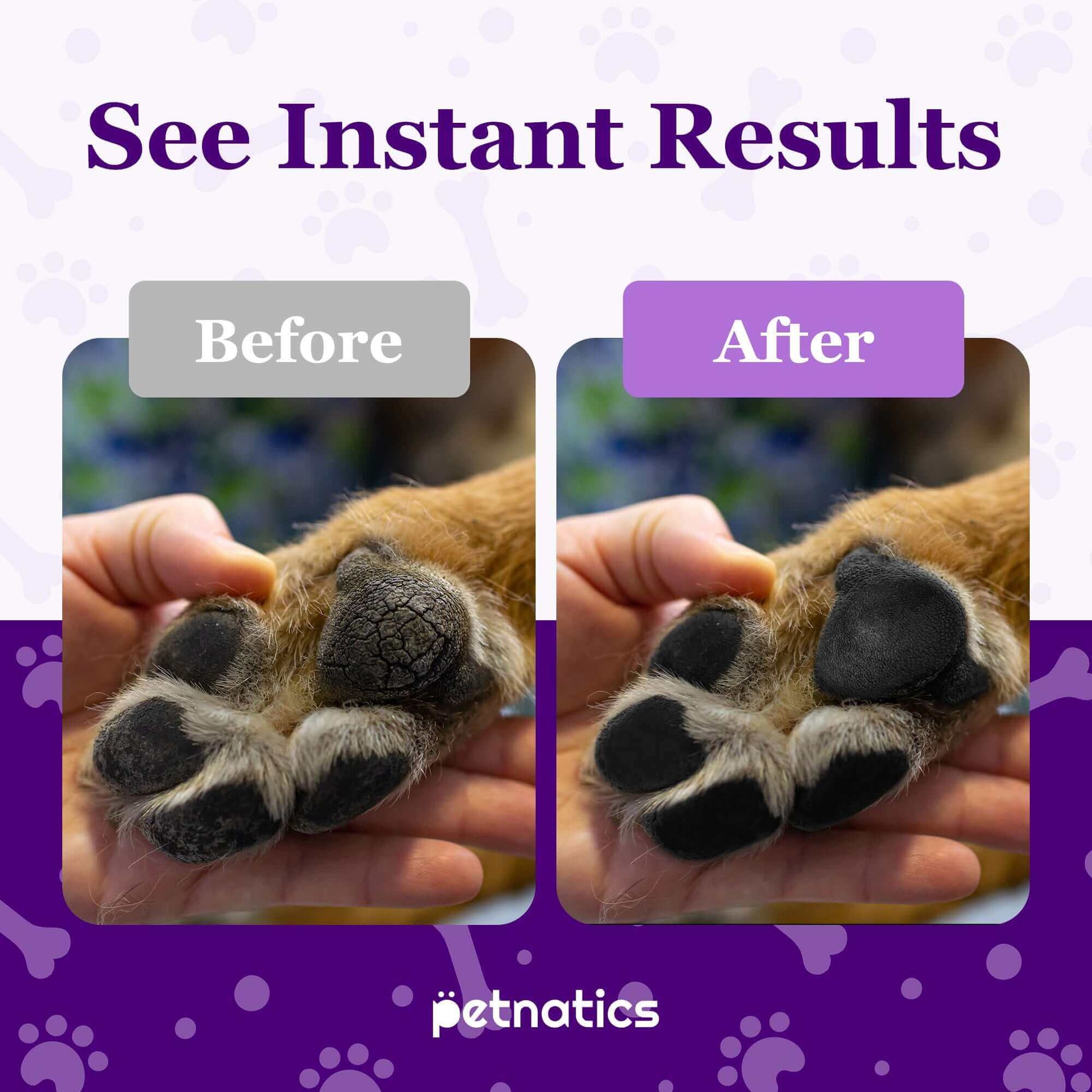 Before and after image showing results of PawBalm Reduced Slip Dog Paw Balm on a dog's paw.