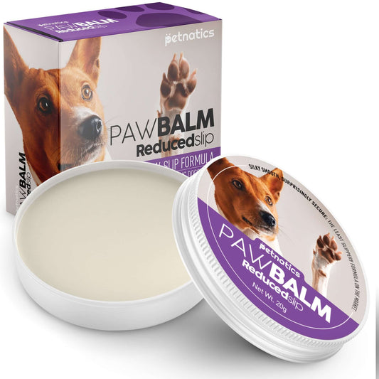 PawBalm Reduced Slip Dog Paw Balm in a tub with packaging featuring a dog on the box.