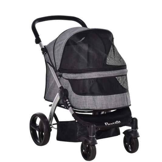 Travel Pet Stroller with Adjustable Handlebar features mesh window and storage bag for convenience.