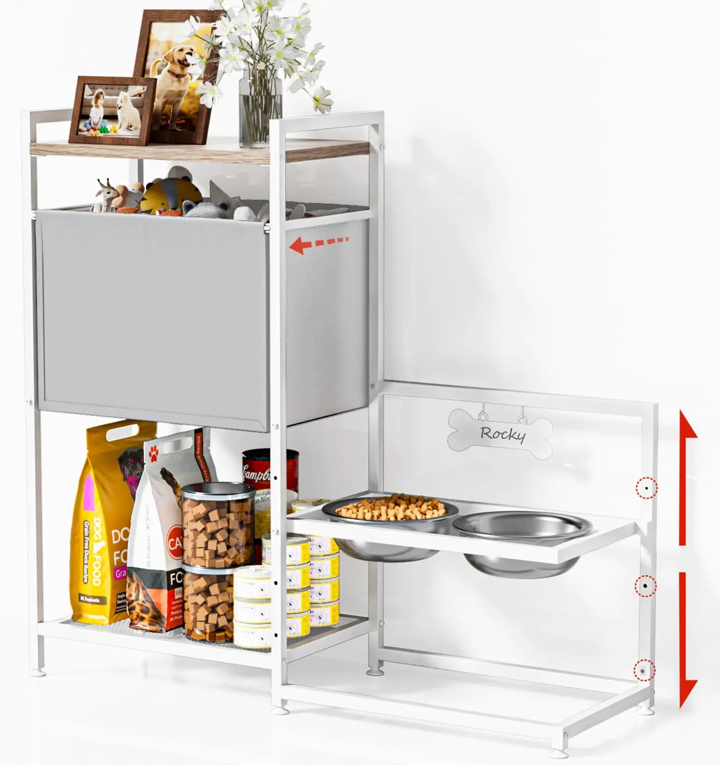 AdjustaBowl Elevated Dog Feeder with Toy Storage including stainless steel bowls and toy bin.