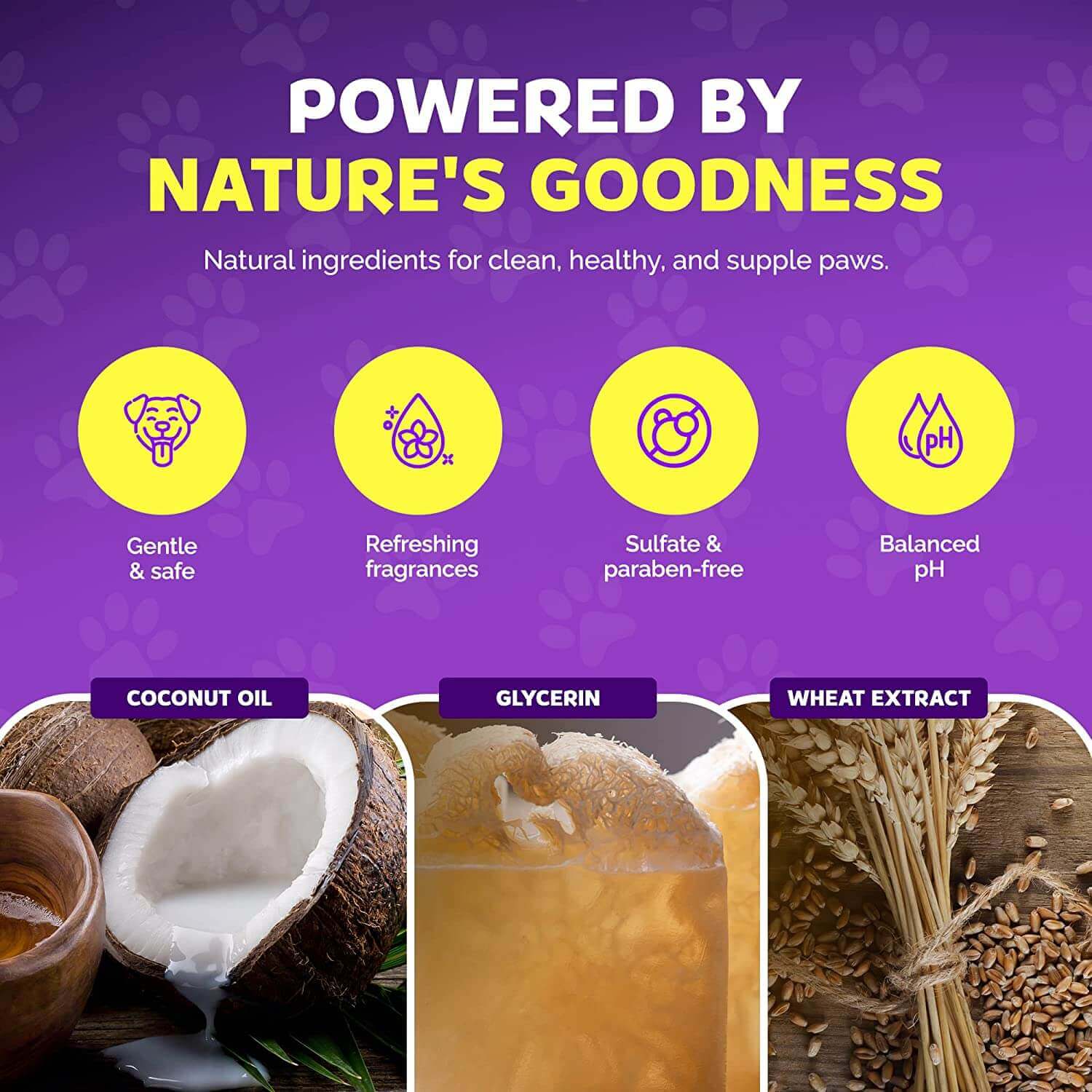 Image showcasing natural ingredients in Dog Paw Foam - The Original PawFoam: coconut oil, glycerin, wheat extract.