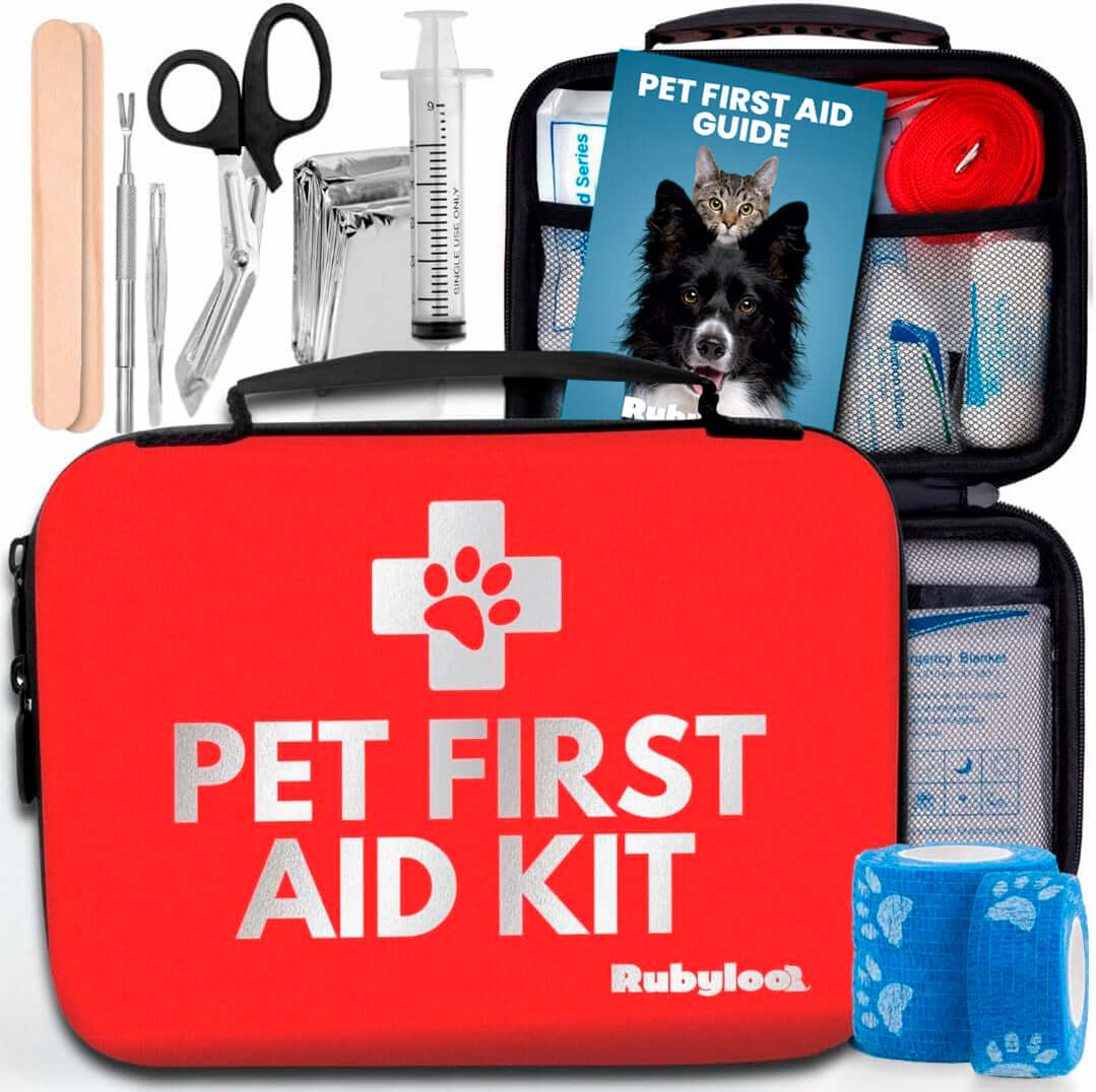 Pet First Aid Kit for Dogs Vet Approved Essentials, portable red case open with vet supplies, guide & paw print bandages.