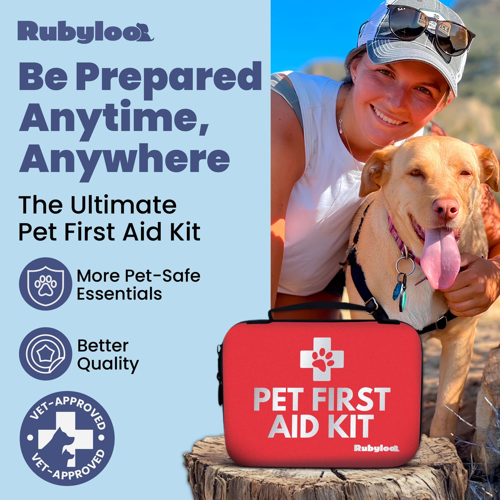 Pet First Aid Kit for Dogs Vet Approved Essentials for hiking and travel, with a happy dog and owner.