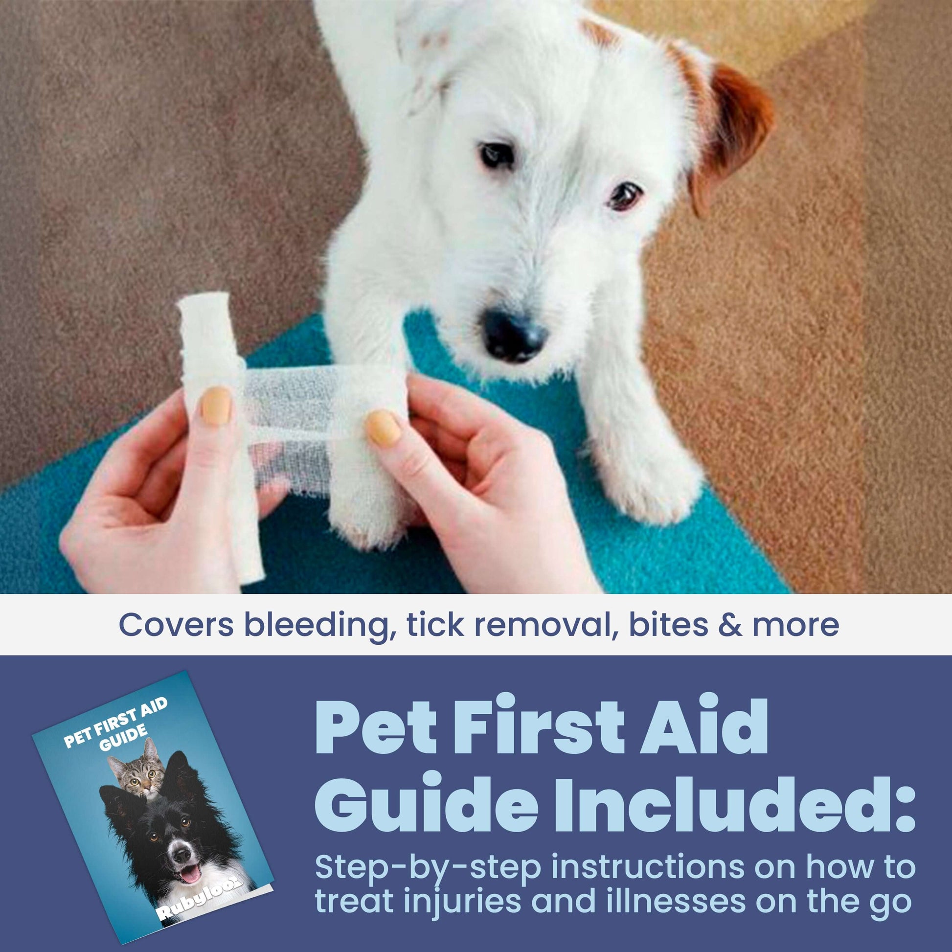 Pet First Aid Kit for Dogs Vet Approved Essentials used to bandage a dog's paw with an included guide for emergency care.