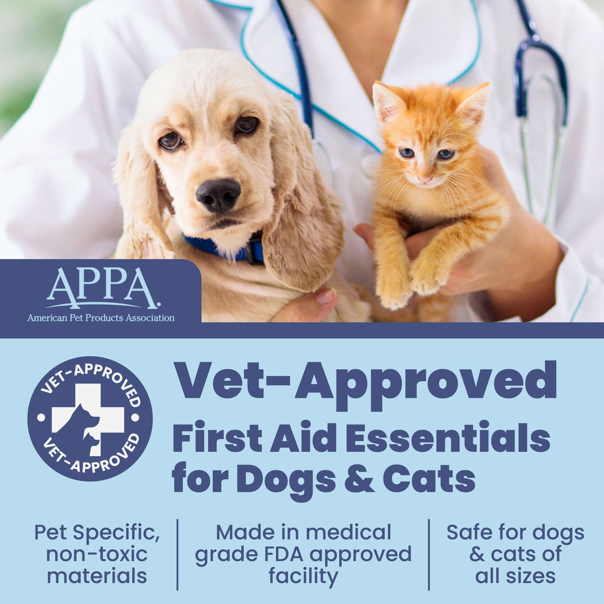 Pet First Aid Kit for Dogs Vet Approved Essentials, featuring a puppy and kitten held by a vet, highlighting pet safety.