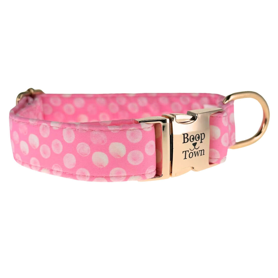 Boop Town Durable Soft Comfortable Cotton Dog Collars in pink with polka dots and gold buckle.