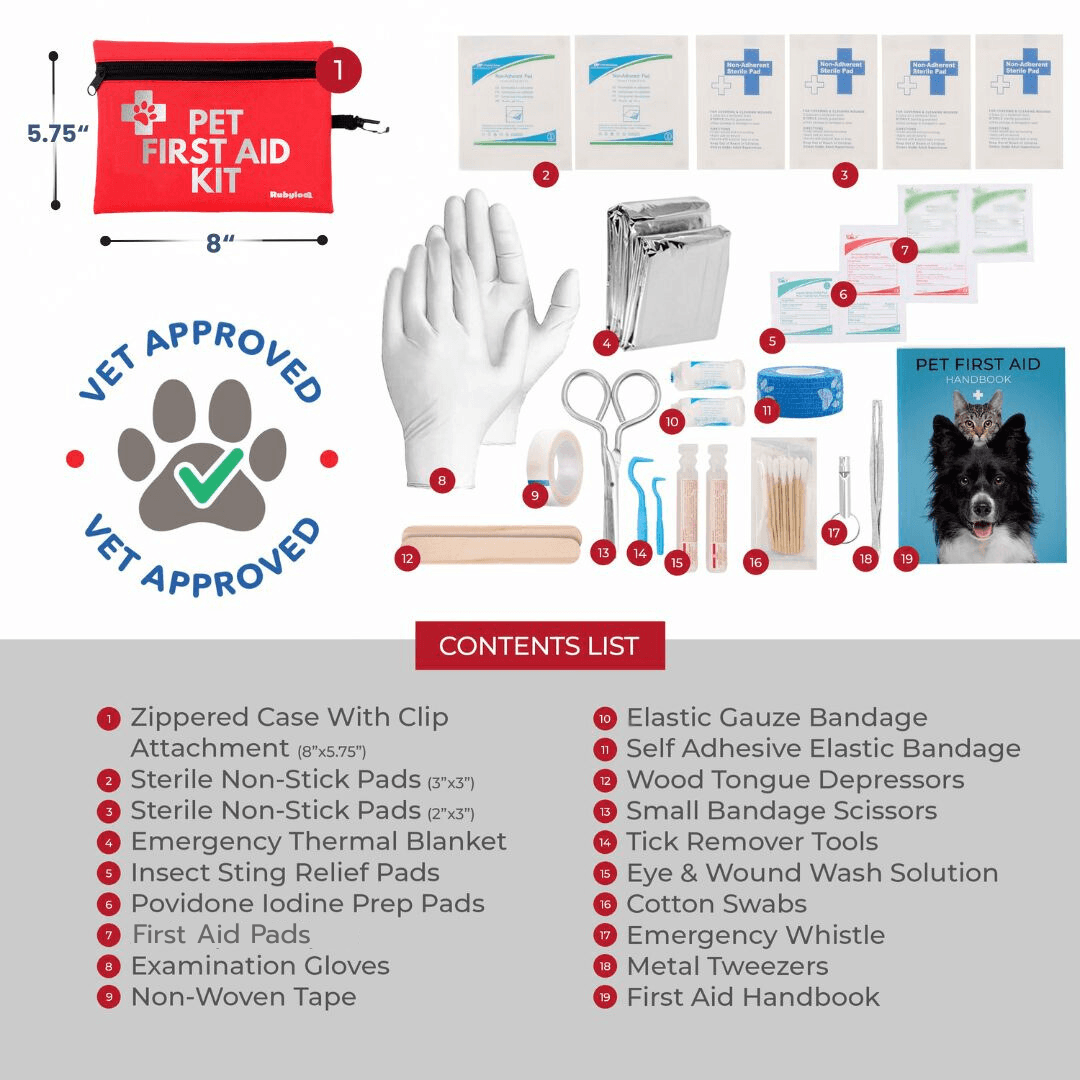 Pet First Aid Kit for Dogs Vet Approved Essentials with all contents displayed, ready for emergency care anywhere.