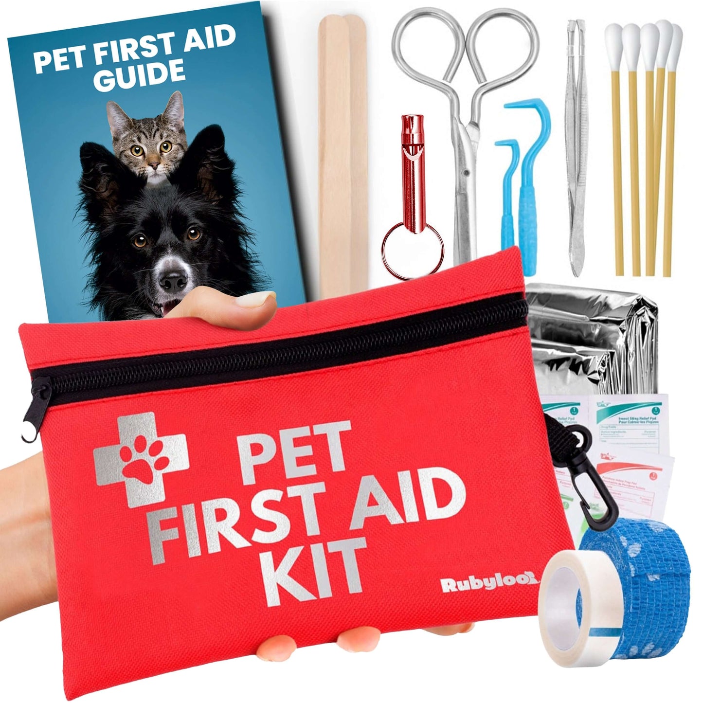 Pet First Aid Kit for Dogs Vet Approved Essentials with compact pouch, guide, scissors, tweezers, and bandages for pet emergencies.