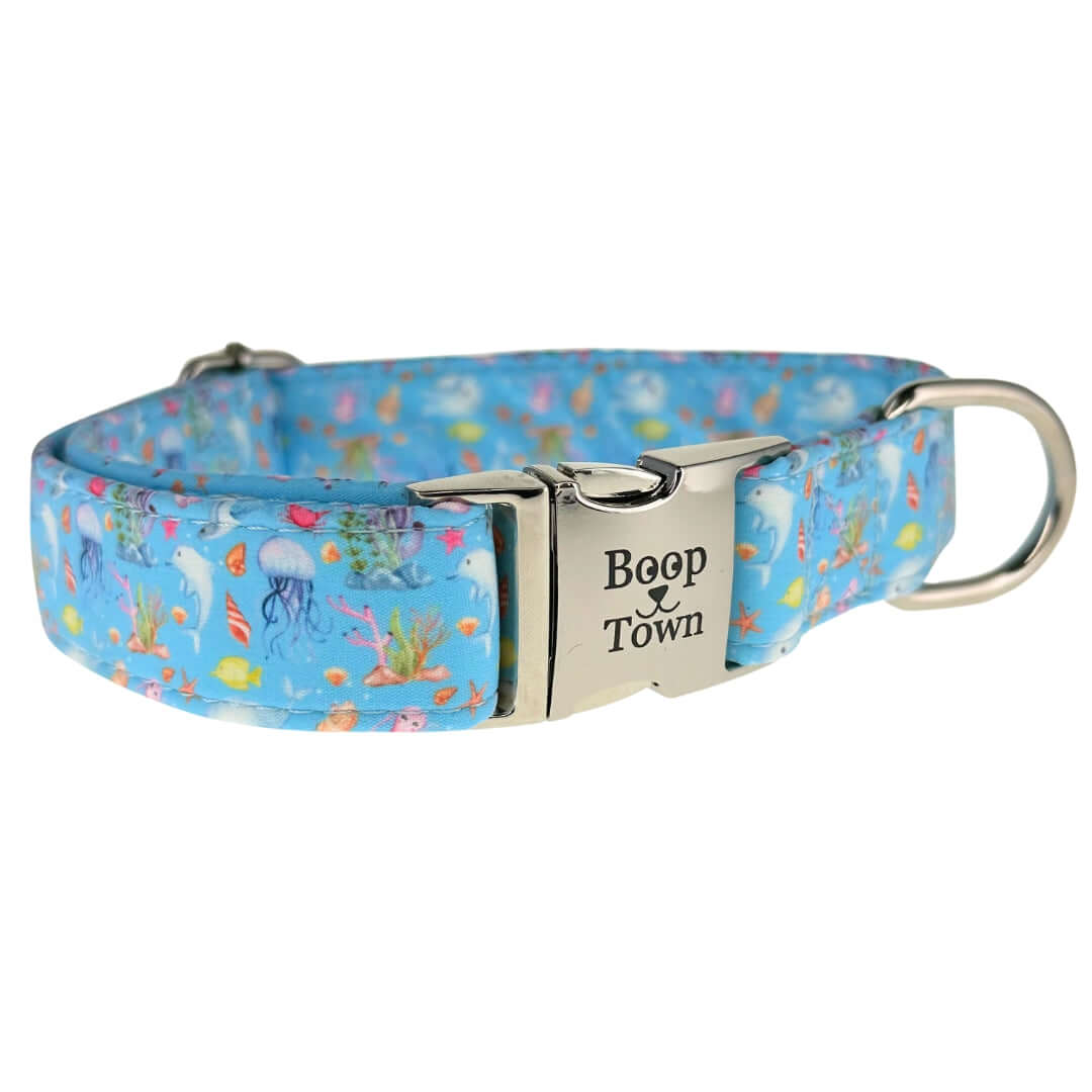 Boop Town Durable Soft Comfortable Cotton Dog Collars featuring a vibrant underwater design in blue.