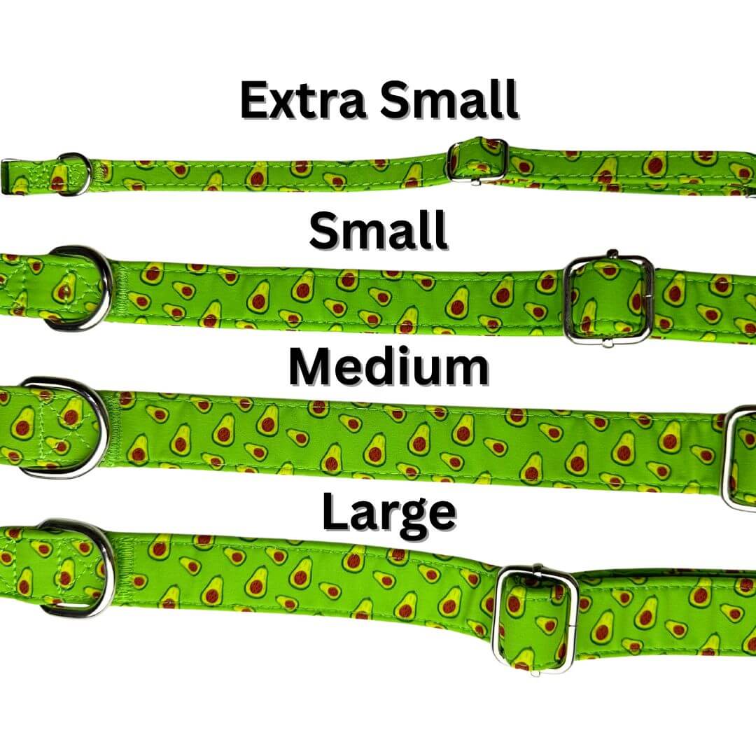 Boop Town Durable Soft Comfortable Cotton Dog Collars in various sizes: Extra Small, Small, Medium, Large with avocado design.