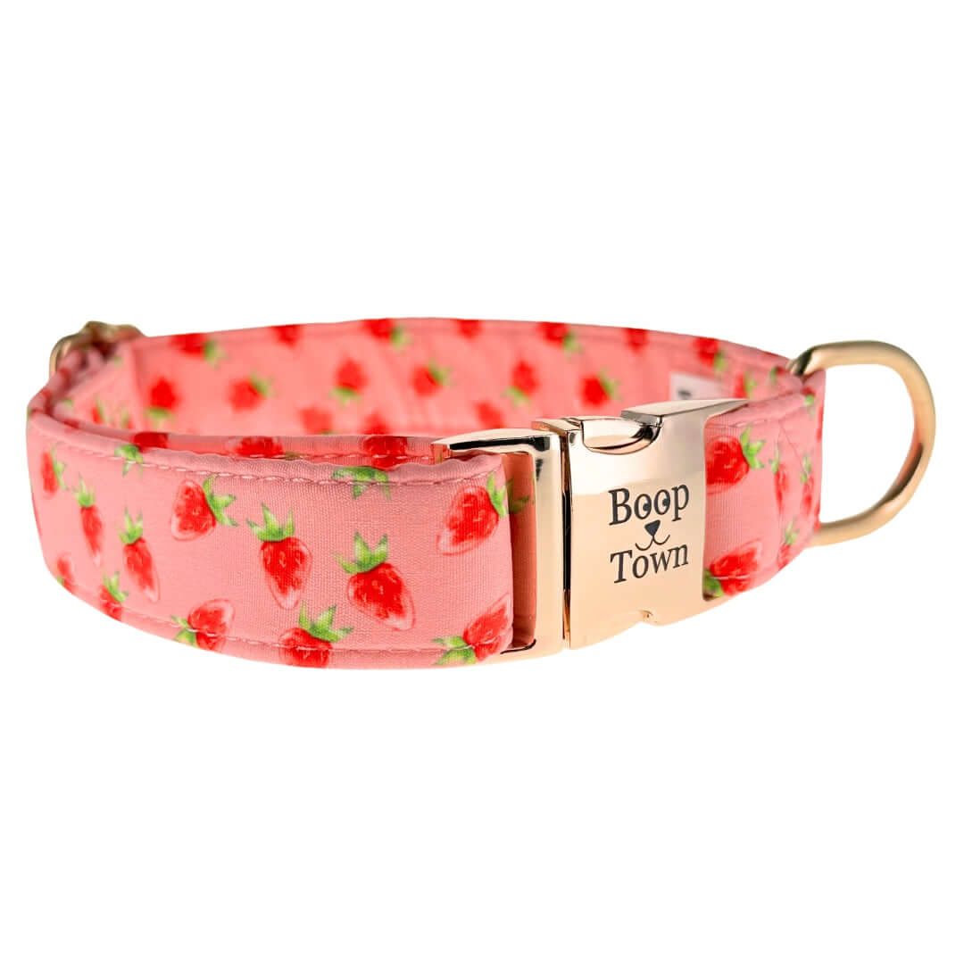 Boop Town Durable Soft Comfortable Cotton Dog Collars with strawberry pattern and gold buckle