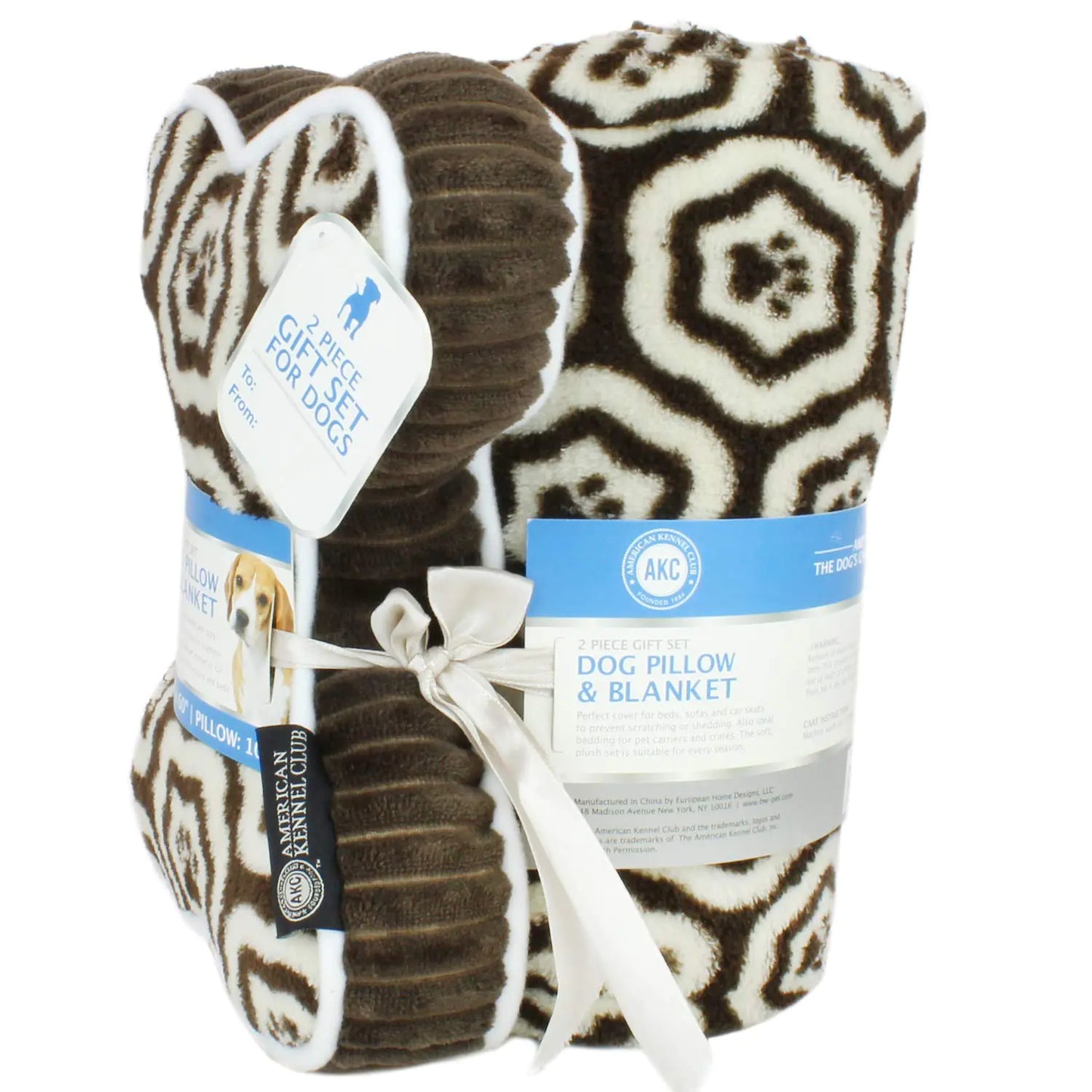 AKC 60"x50" Pet Blanket & 10" Pillow Set Warm Plush Blanket for Dogs- Paw Print - Brown