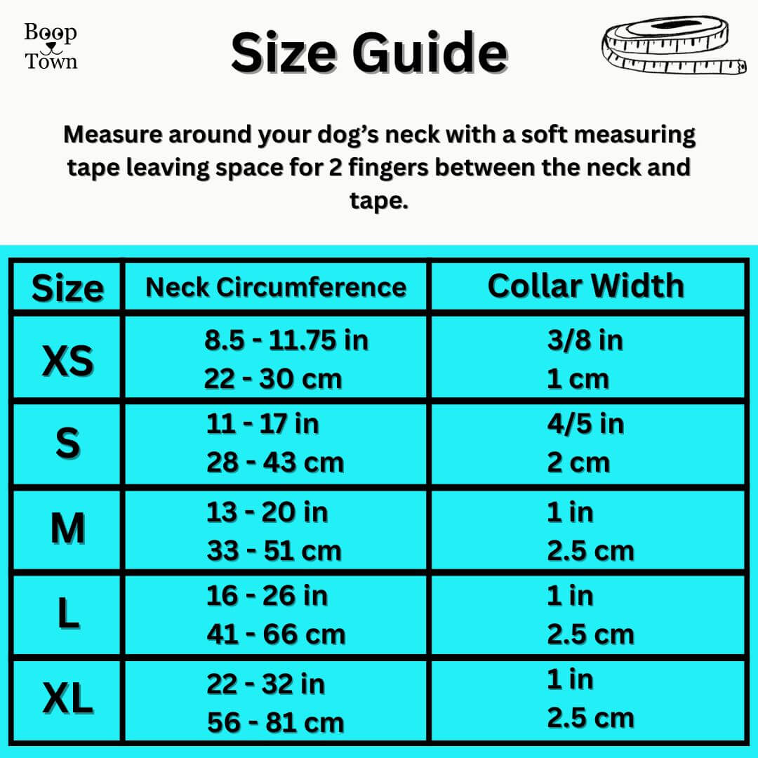 Boop Town Durable Soft Comfortable Cotton Dog Collars size guide showing measurements for different collar sizes.