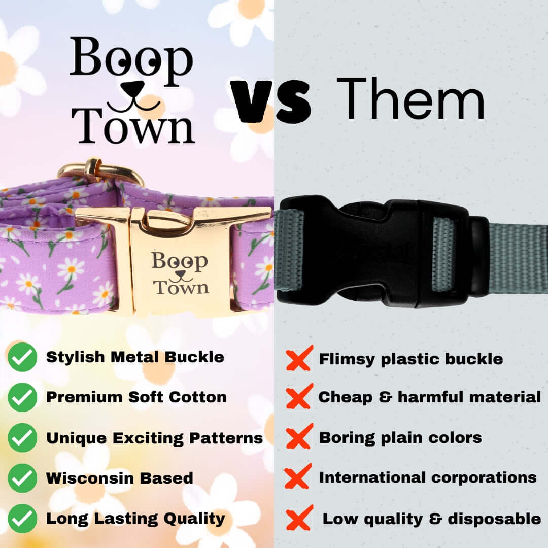 Boop Town Durable Soft Comfortable Cotton Dog Collars comparison with inferior products showing features and benefits.