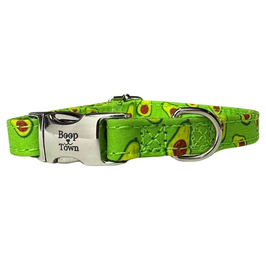 Boop Town Durable Soft Comfortable Cotton Dog Collars featuring a vibrant green avocado pattern.