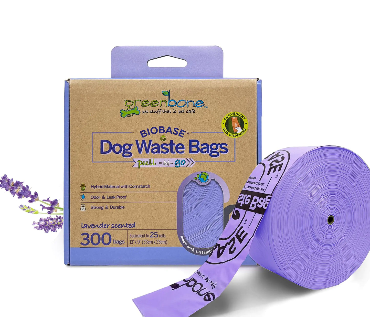 Greenbone BioBase Lavender-Scented 300-Count Poop Bag Roll in Box Dispenser