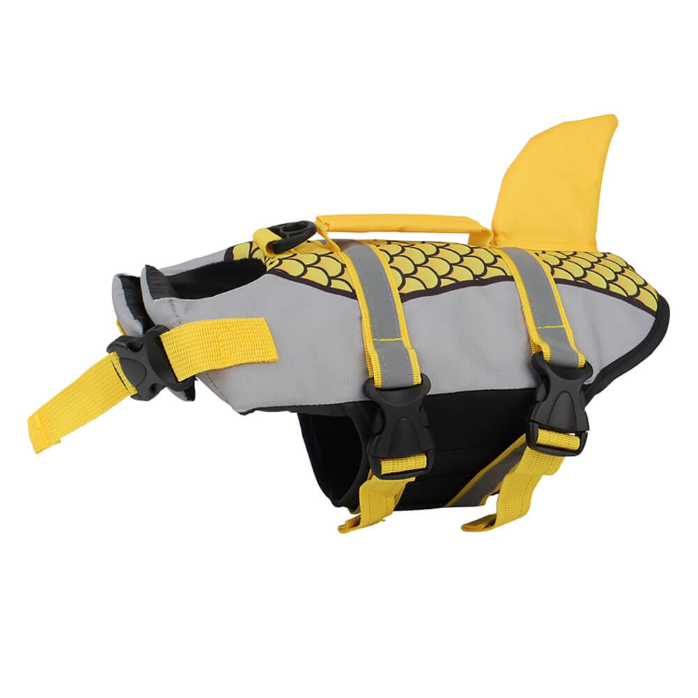 Dog Shark Life Jacket Vest Swim for pets with bright yellow accents and adjustable straps, designed for safety and buoyancy.