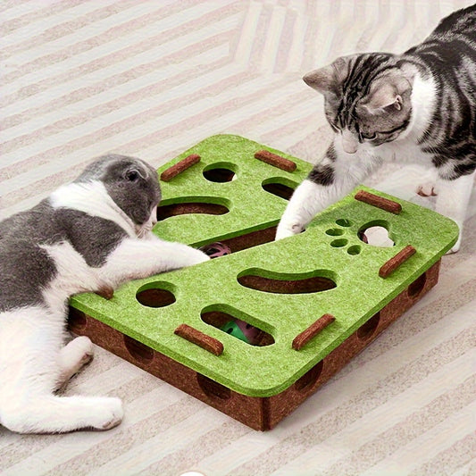 Two cats play with a Felt Maze Tunnel interactive cat puzzle toy, exploring pathways and chasing a bell ball.