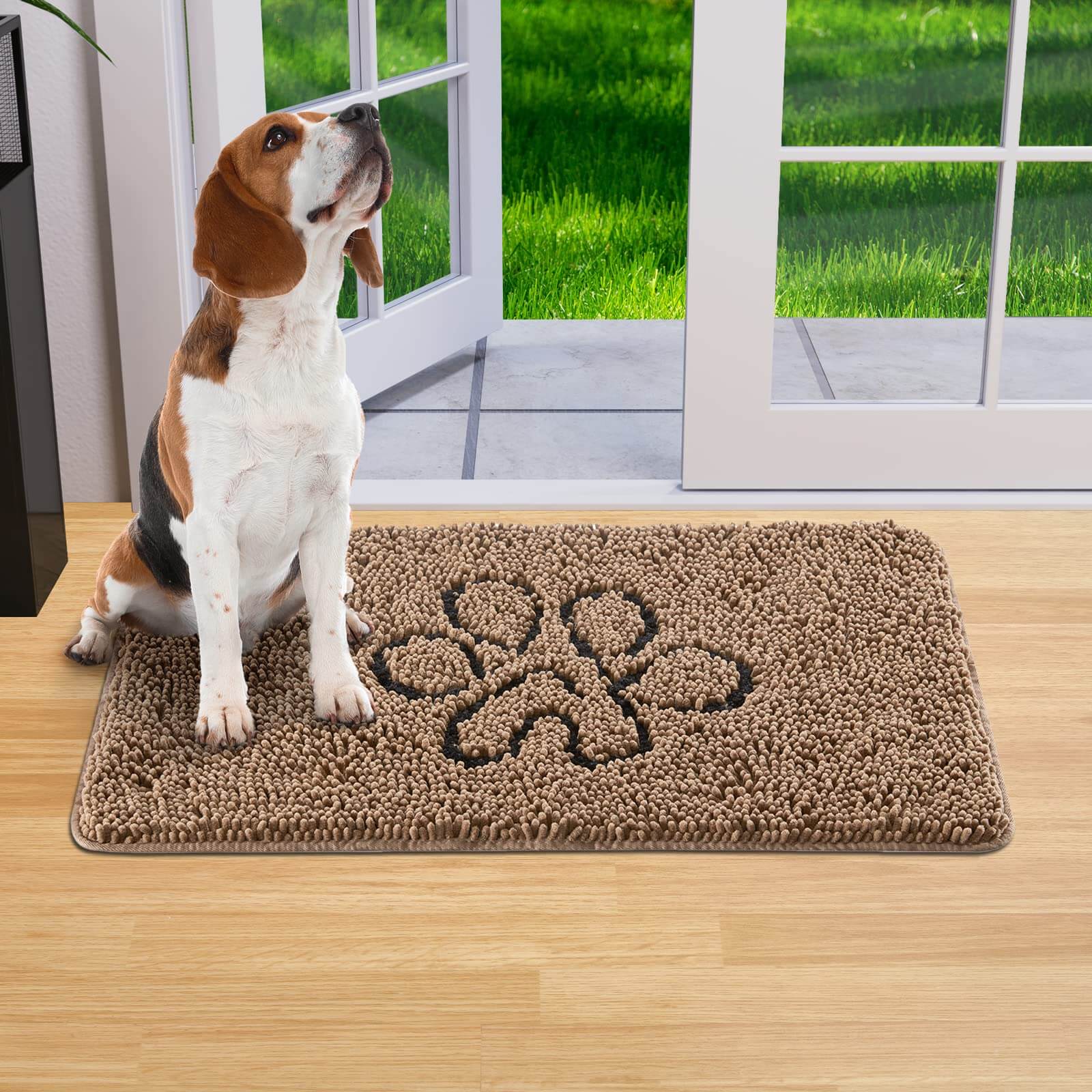 Chenille Absorbent Indoor Mat 30x48 - Non Slip Washable with a dog sitting on it by the door.
