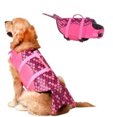 Dog Swimming Life Vest Adjustable Life Jacket Mermaid Shark in pink with fish scale design on a dog.