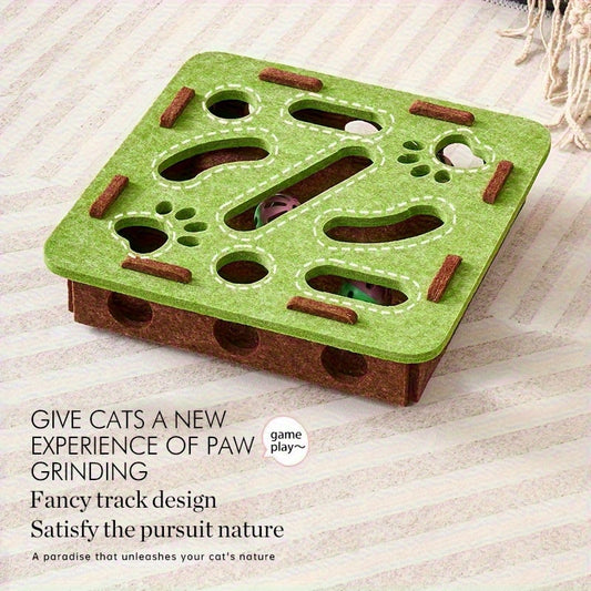 Interactive cat puzzle toy featuring a felt maze design for paw grinding and playful exploration.