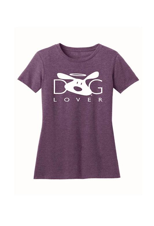 Dog Lover Plum-Short-Sleeved women's t-shirt featuring an adorable dog logo in white on a heathered plum background.