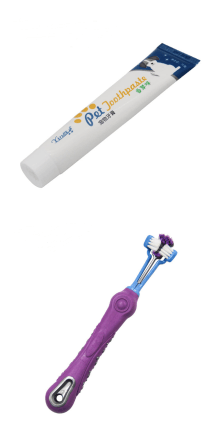 Dog Toothpaste by Dog Hugs Cat alongside a purple pet toothbrush for effective canine dental care