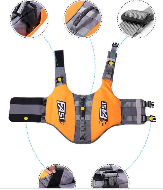 Reflective Printed Dog Life Jacket Swimming Suit shown with adjustable straps and safety features for dogs.