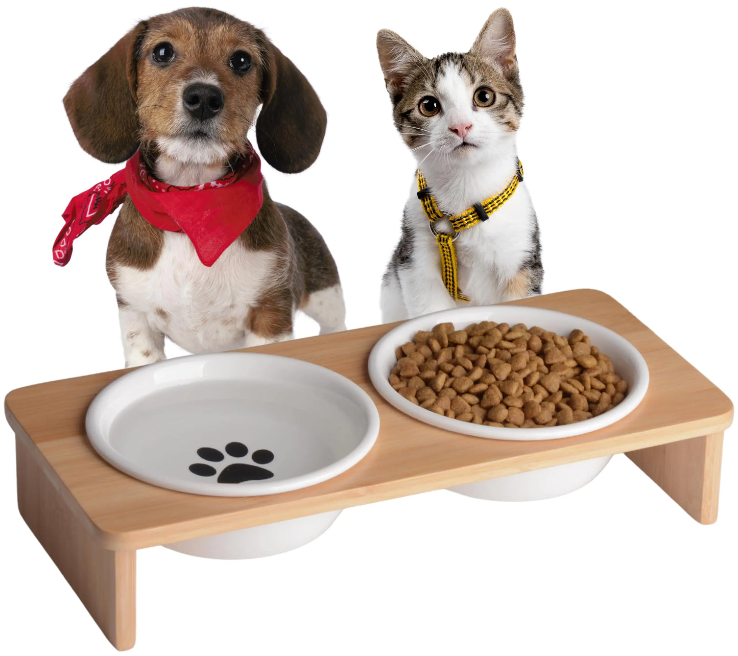 Clasin Home Elevated Bamboo Dog Bowls Feeding Station with 2 Ceramic Bowls for Small Size Dogs