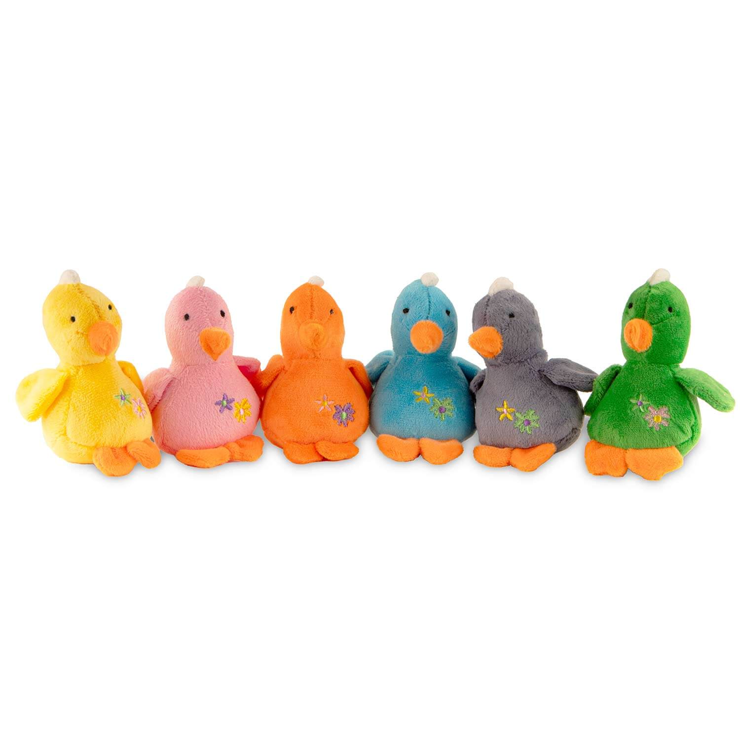 Baby Duck Plush Squeaker Dog Toys in pastel colors lined up for sale, perfect for pet playtime and gentle chewing.