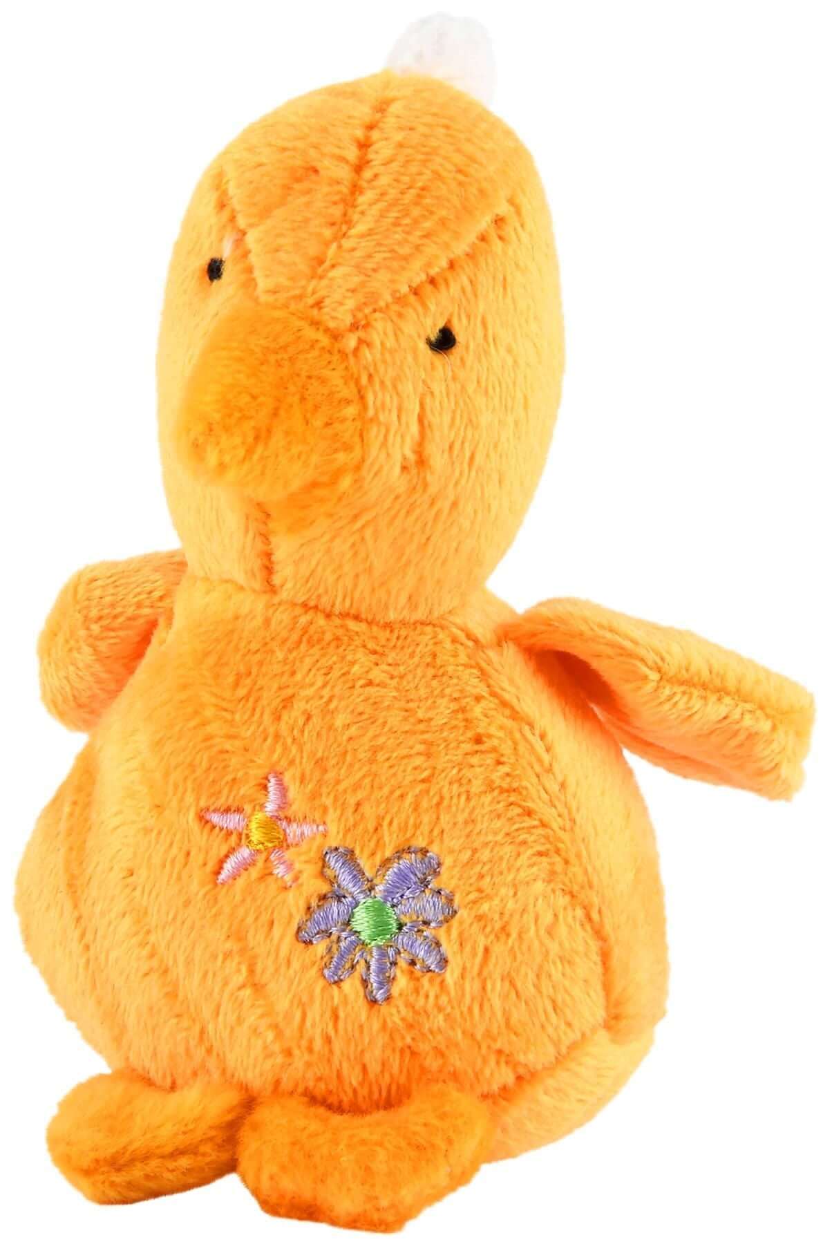 Cute Baby Duck Plush Squeaker Dog Toys in orange color with flowers, ideal for dogs to chew and play.