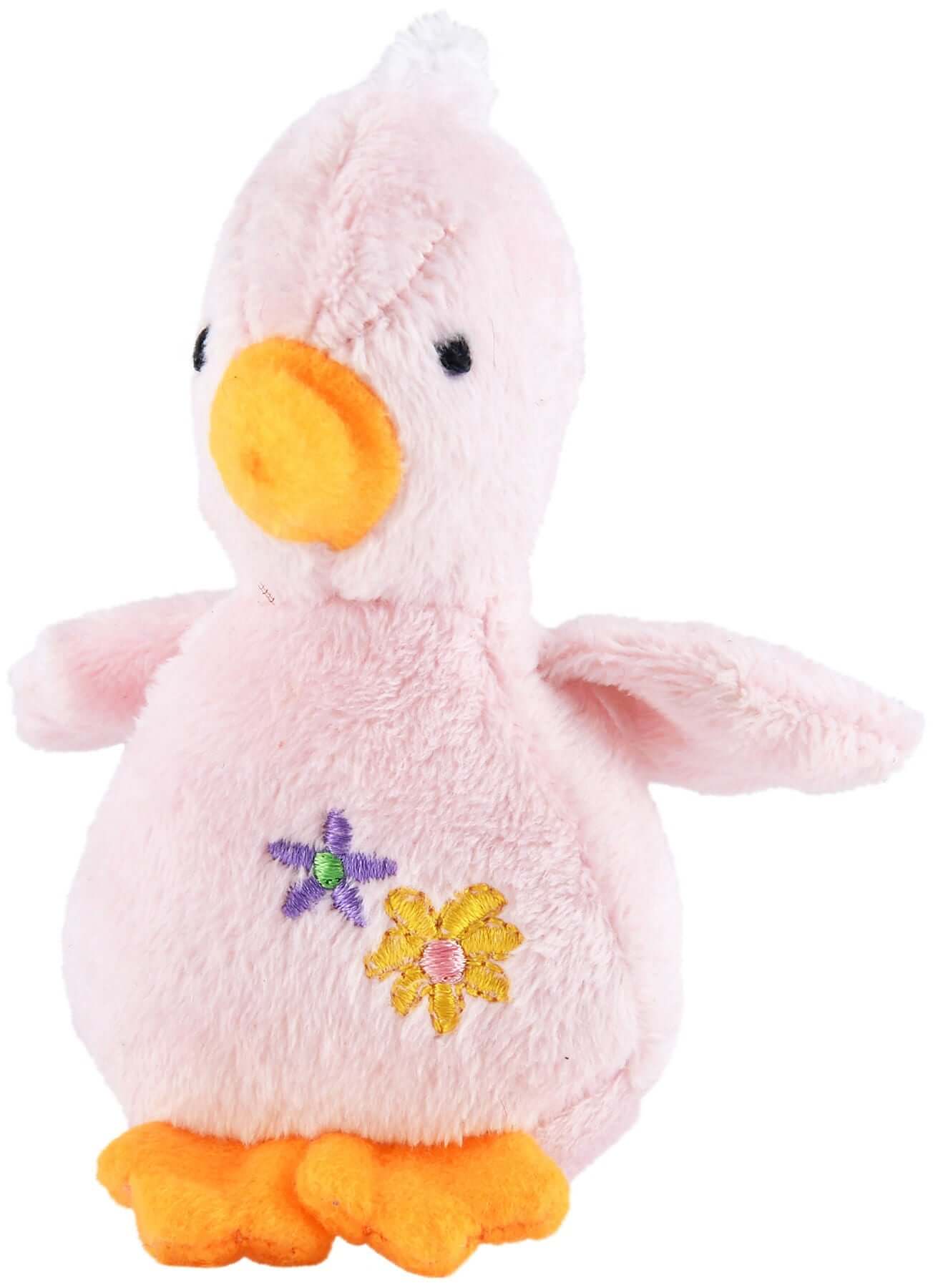 Baby Duck Plush Squeaker Dog Toys, pastel pink duck plush toy with flowers and squeaker for dogs.
