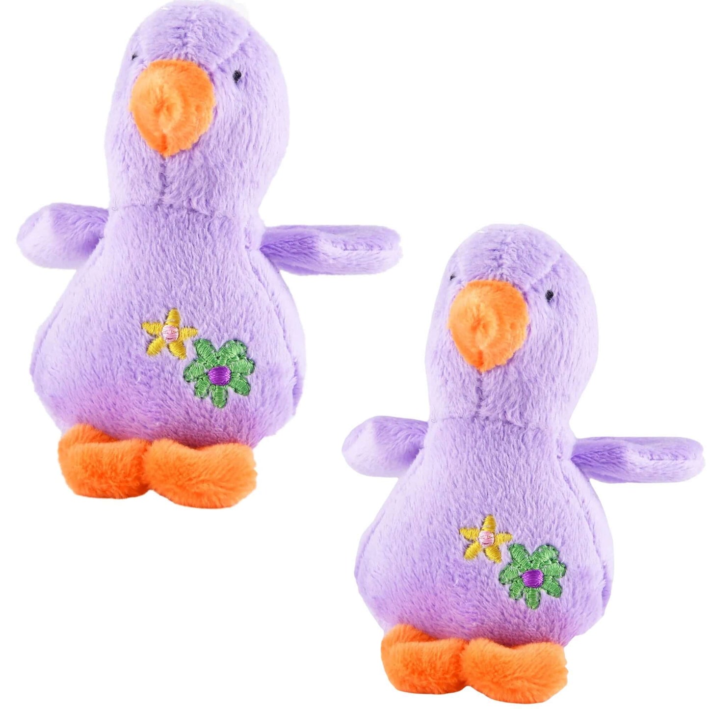 Baby Duck Plush Squeaker Dog Toys in pastel purple with orange accents for fun pet playtime.