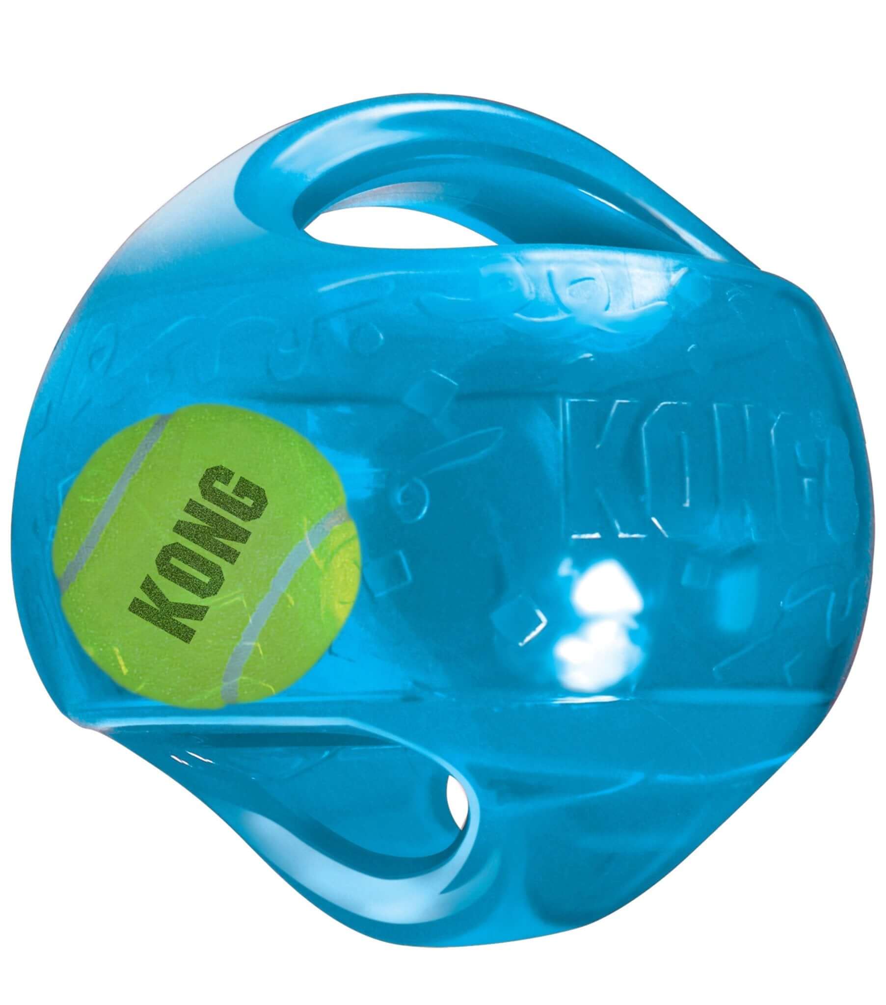KONG Jumbler Ball Squeaker Dog Toy in blue featuring a tennis ball design.