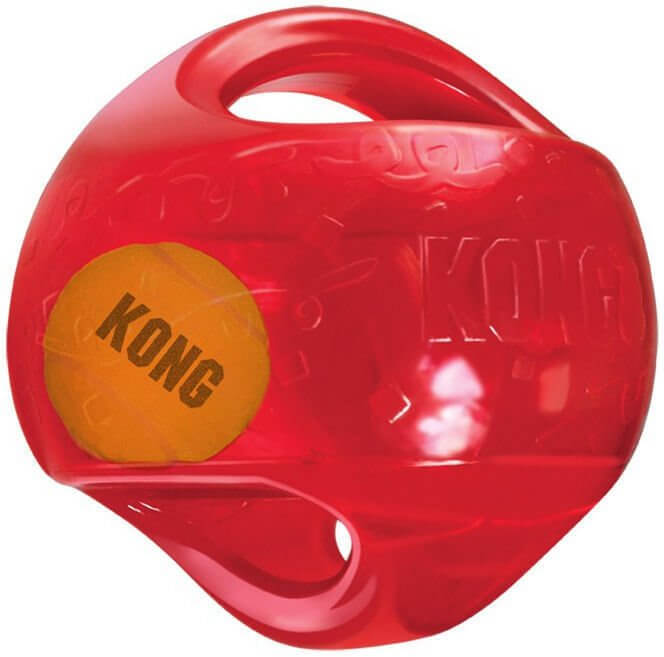 KONG Jumbler Ball Squeaker Dog Toy in red with an orange ball, designed for interactive play and fetch.