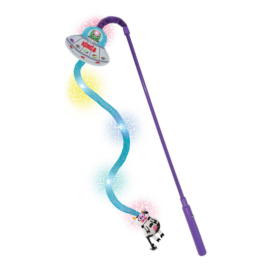 KONG UFO Light-Up Teaser Cat Toy featuring colorful lights and dangling cow for playful kitty adventures.