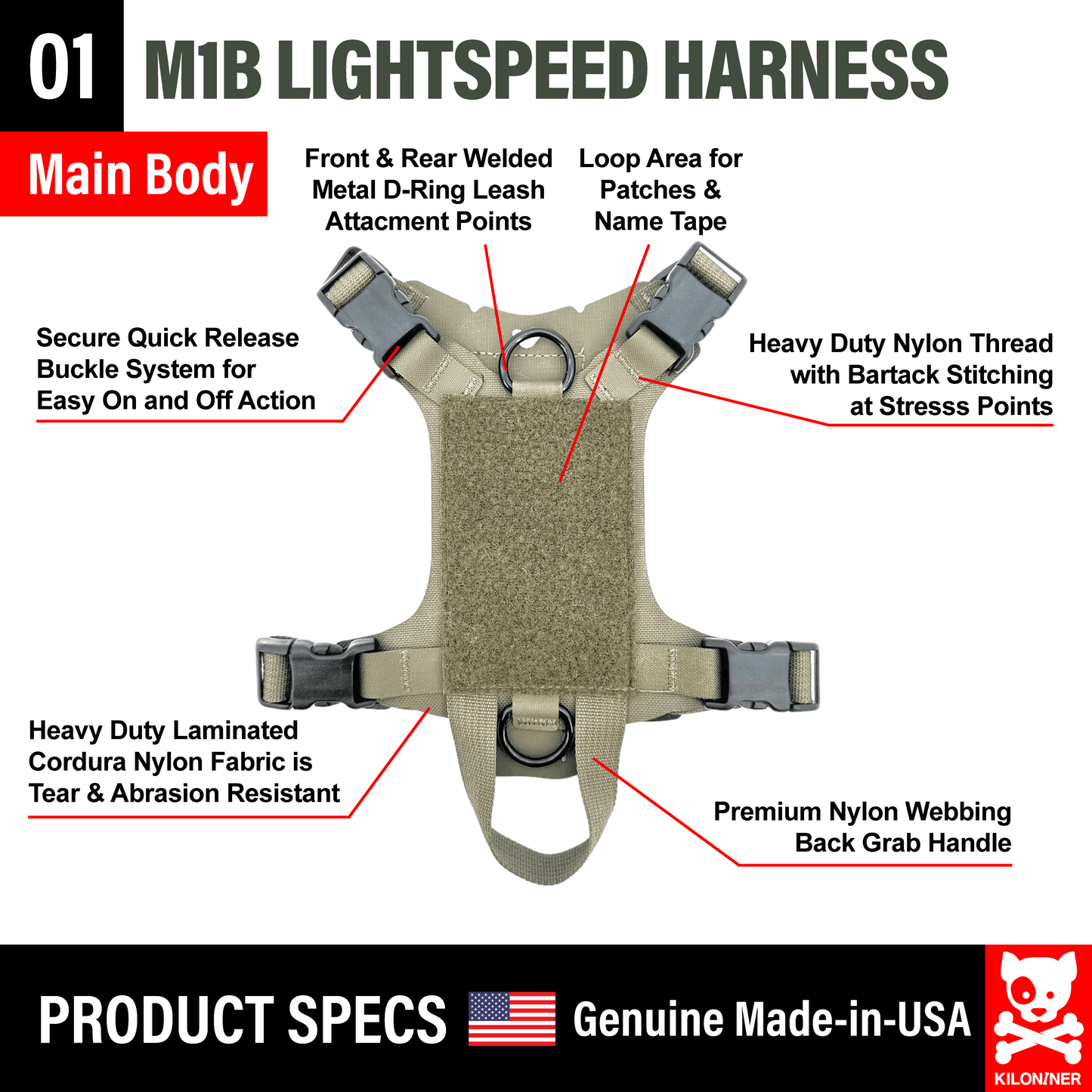 K9R - M1 LightSpeed Dog Harness main body with secure buckle system and heavy duty fabric features.