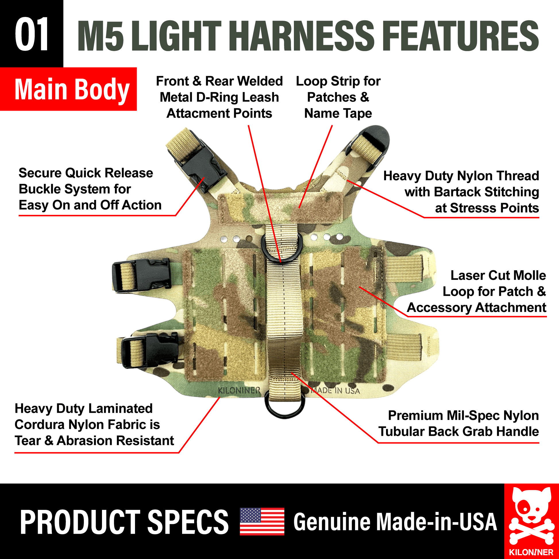 M5 LIGHT HARNESS FEATURES for K9R - M5 MOLLE Light Vest Small Dogs with durable materials and secure buckle system.