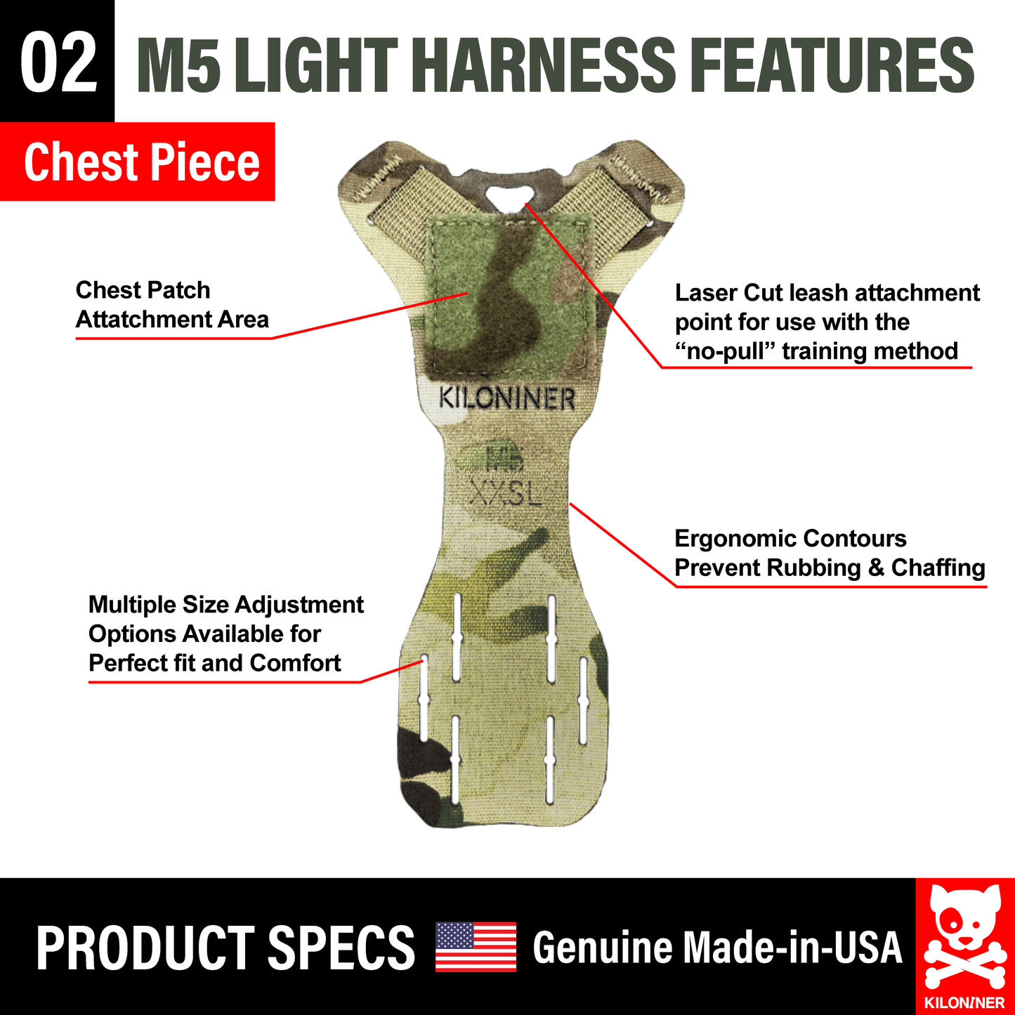 M5 Light Harness features with chest piece, showing attachment area, ergonomic contours, and multiple size adjustments.