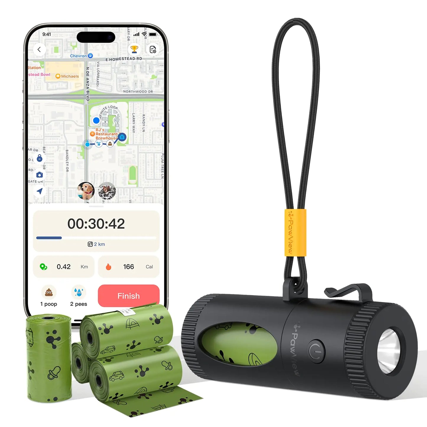 Smart Dog Poop Bag Holder with Flashlight & Walk Data Record Retractable Waste Bag Dispenser with Used Poop Bags Holder Includes 60 Dog Poop Bags