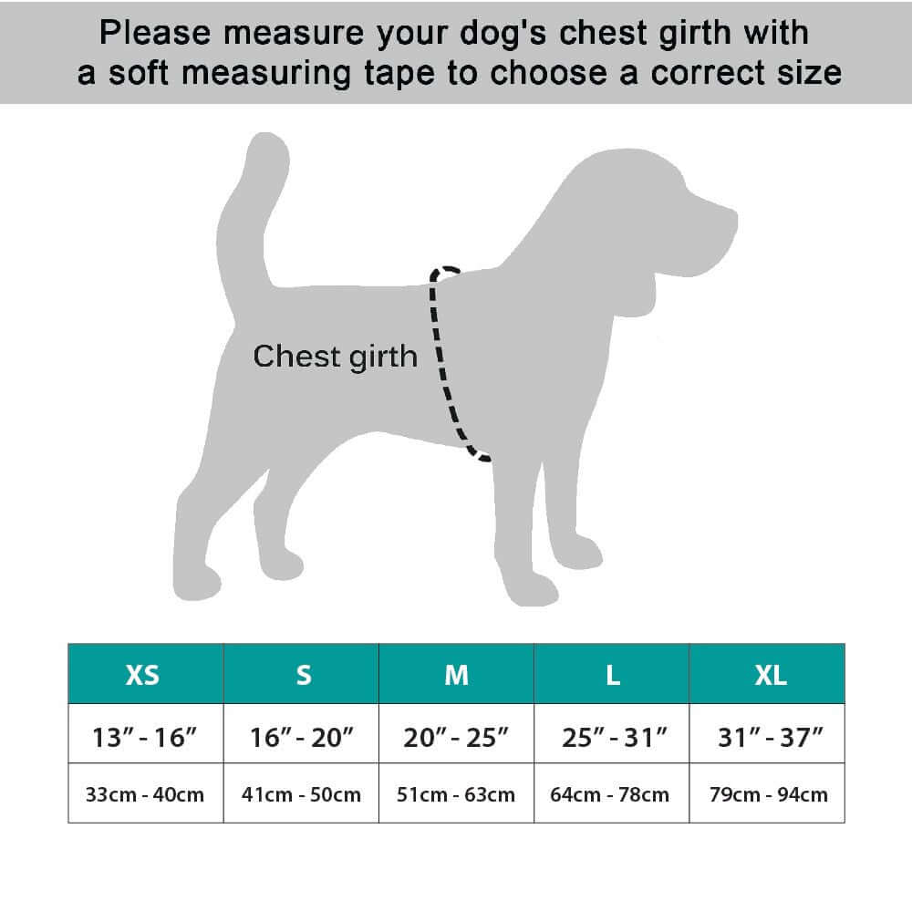Measurement guide for choosing the correct size of the NeoAlly Upgraded Dog Surgical Recovery Vest for Dogs and Cats.