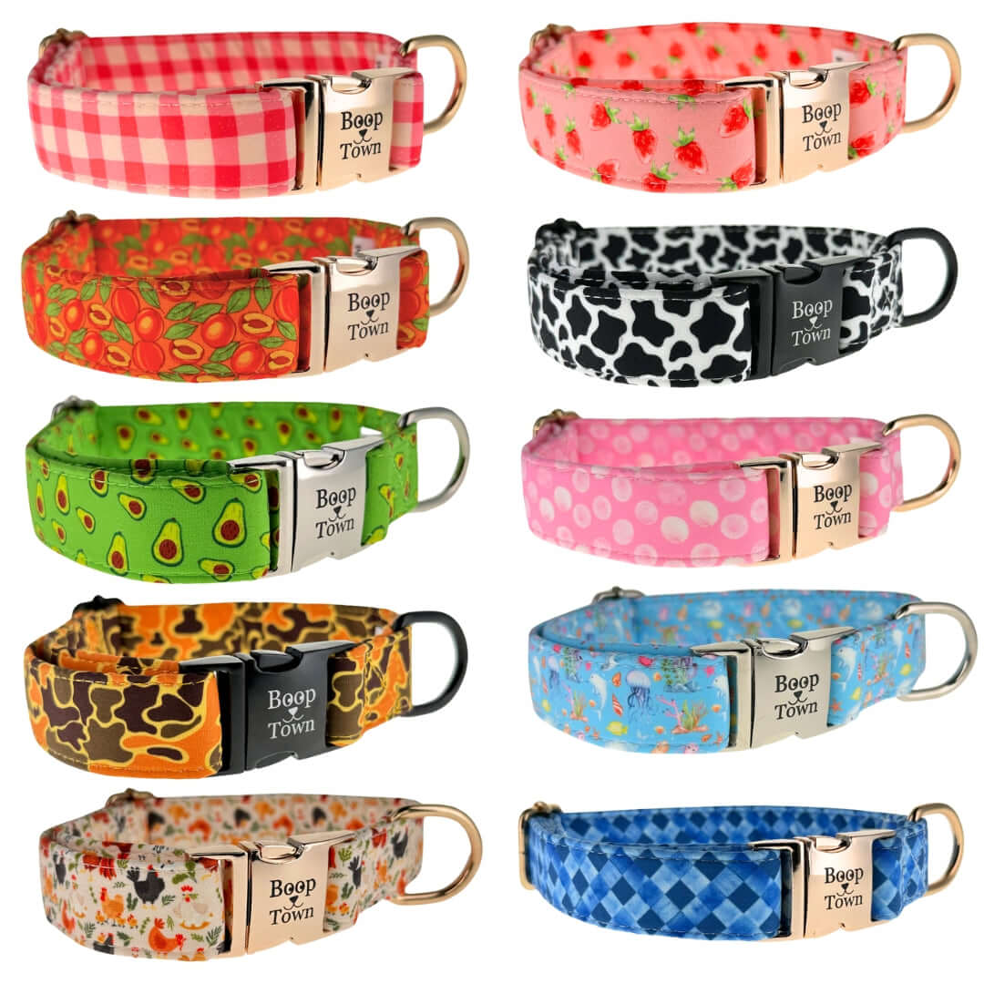 Boop Town Durable Soft Comfortable Cotton Dog Collars in various vibrant designs and colors