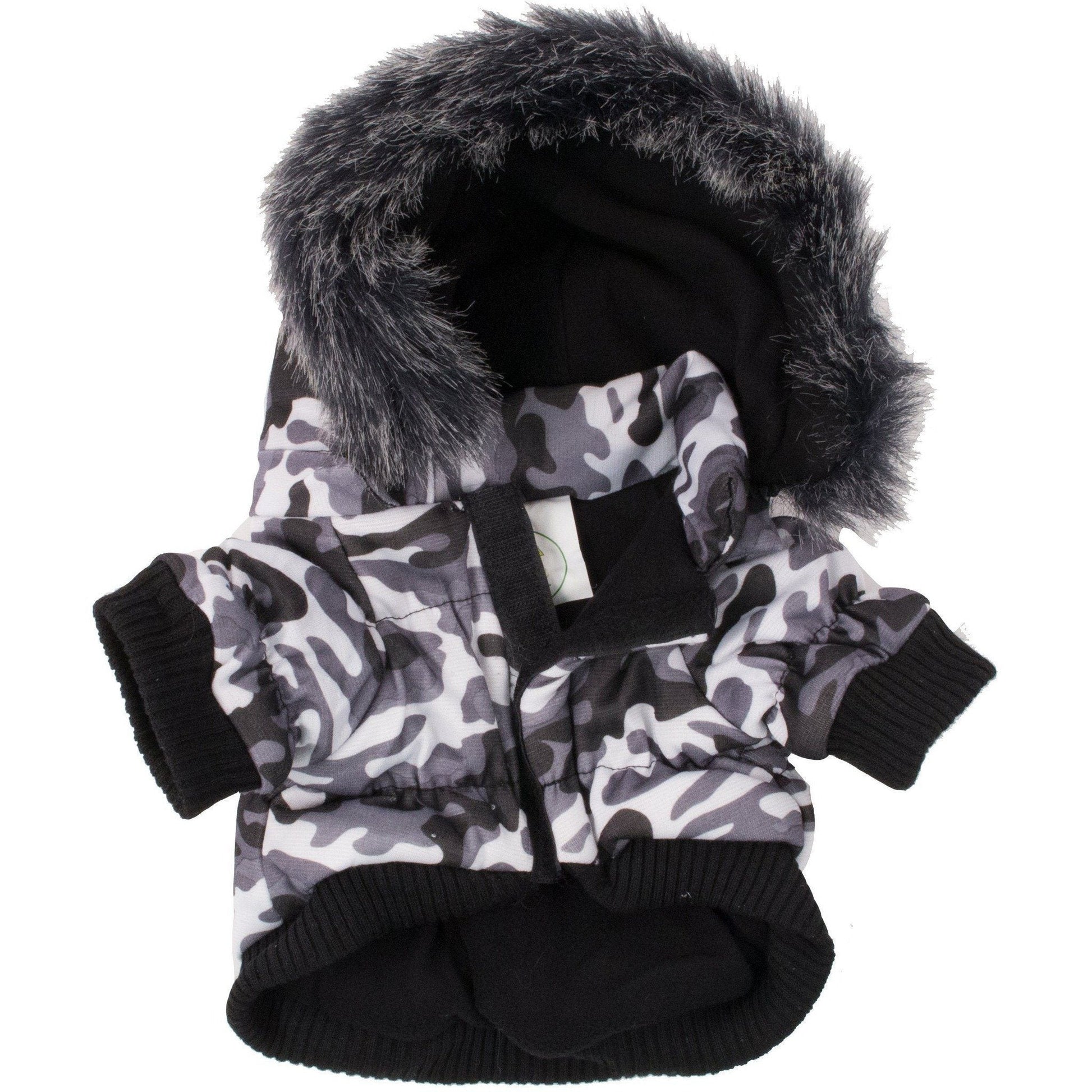 3M insulated dog parka with hood in camouflage design, featuring faux fur trim and comfortable inner fleece lining.