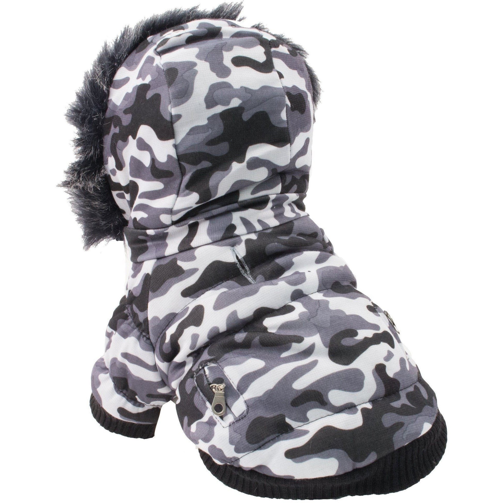 3M insulated dog parka with hood in stylish camouflage pattern designed for warmth and comfort for dogs.
