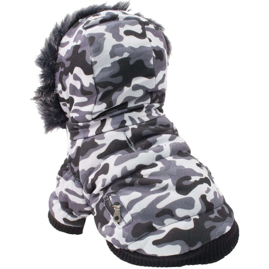 3M insulated dog parka with hood in stylish camouflage pattern designed for warmth and comfort for dogs.